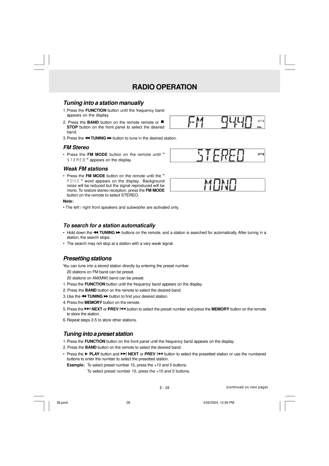 Audiovox DVD Home Theatre System CD-R/RW CD Playback Radio Operation, Tuning into a station manually, Presetting stations 