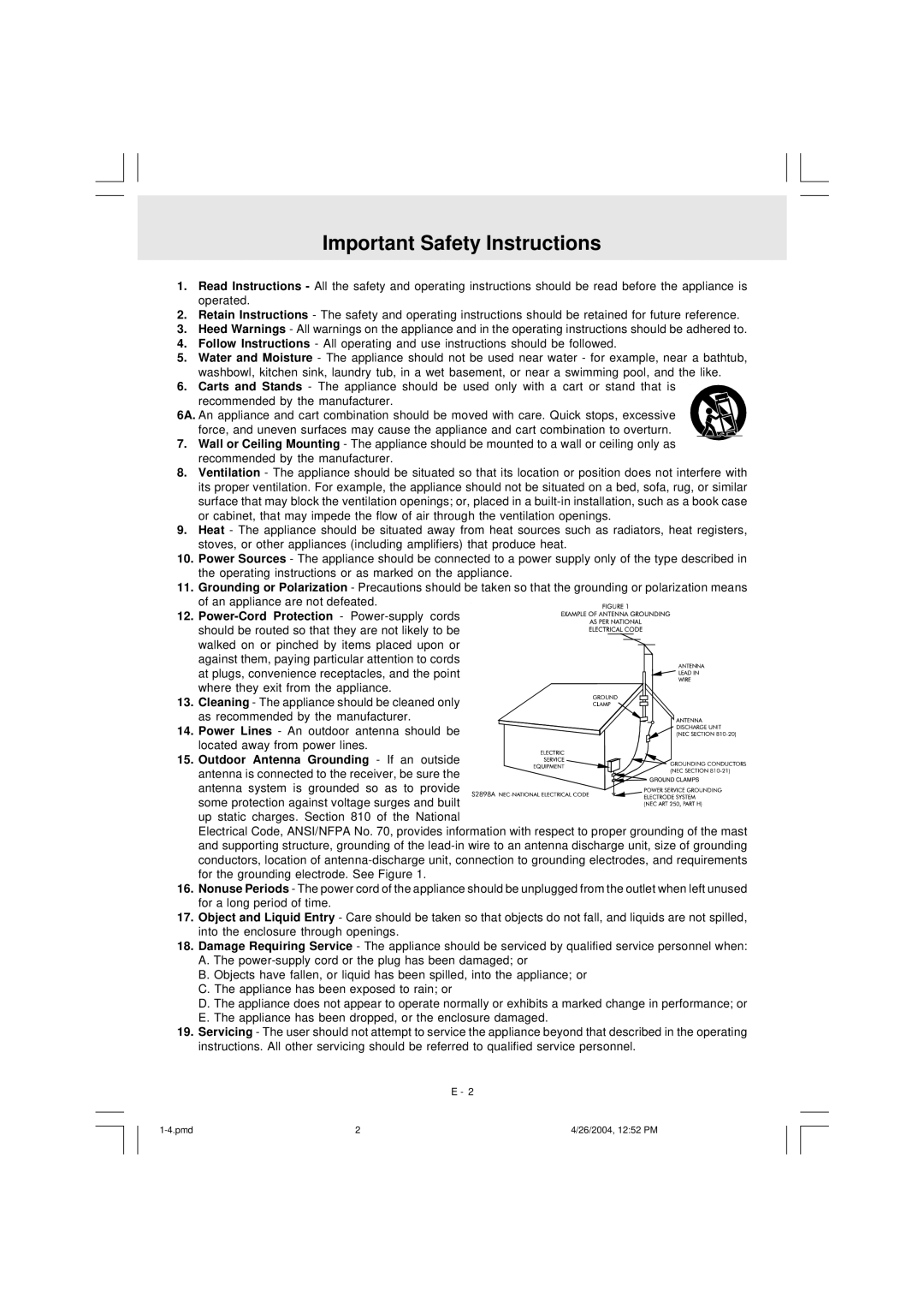 Audiovox DVD Home Theatre System CD-R/RW CD Playback owner manual Important Safety Instructions 