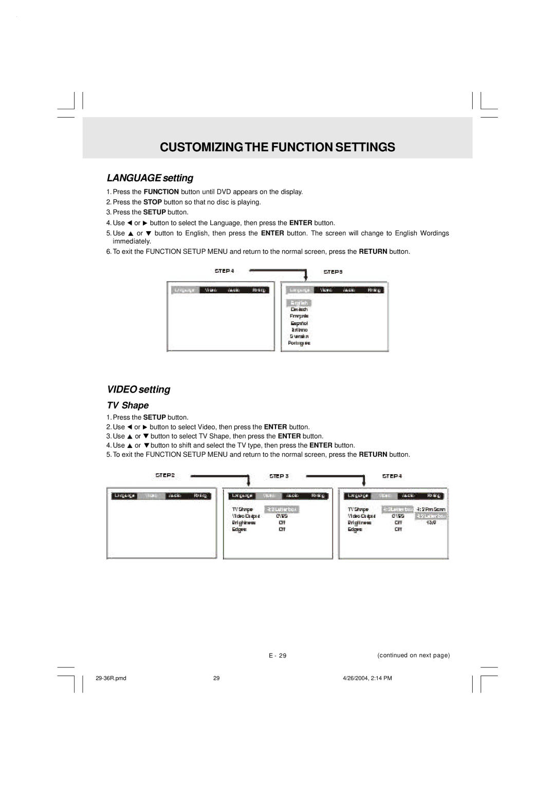 Audiovox DVD Home Theatre System CD-R/RW CD Playback Customizingthe Function Settings, Language setting, Video setting 