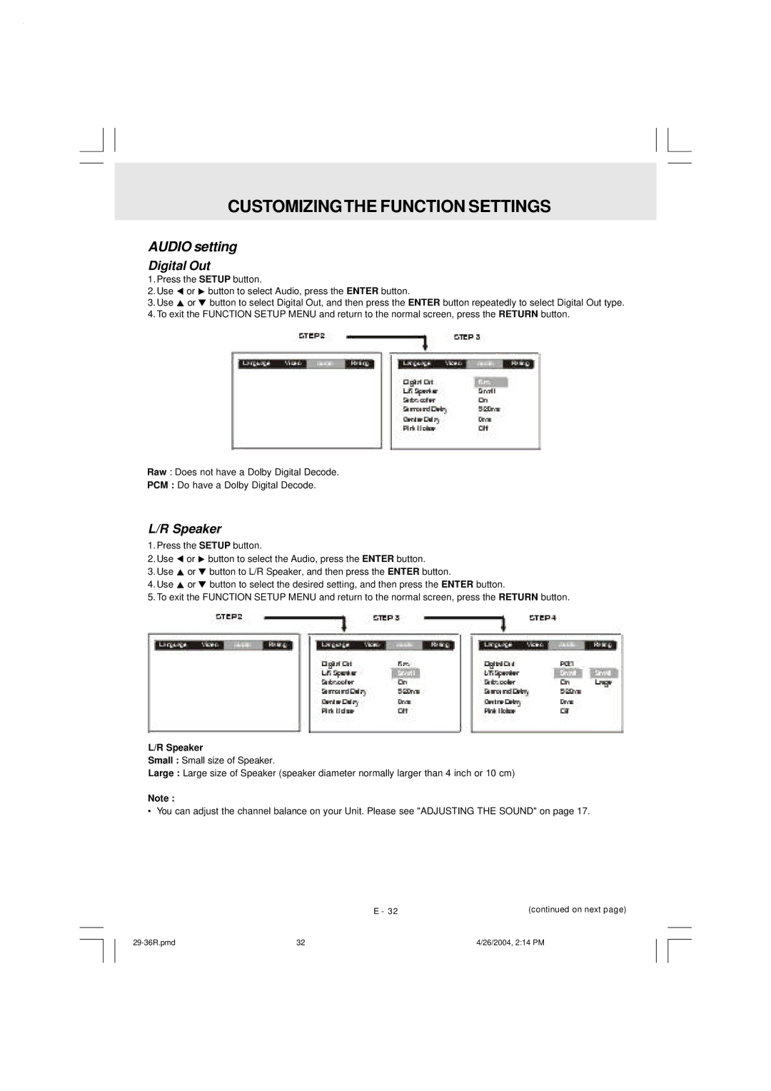 Audiovox DVD Home Theatre System CD-R/RW CD Playback owner manual Audio setting, Digital Out, Speaker 