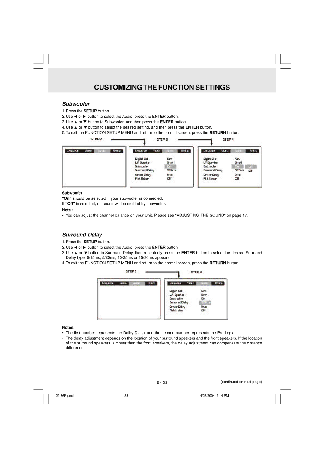 Audiovox DVD Home Theatre System CD-R/RW CD Playback owner manual Subwoofer, Surround Delay 