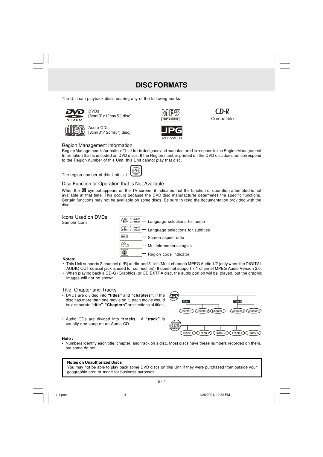 Audiovox DVD Home Theatre System CD-R/RW CD Playback Disc Formats, Region Management Information, Icons Used on DVDs 