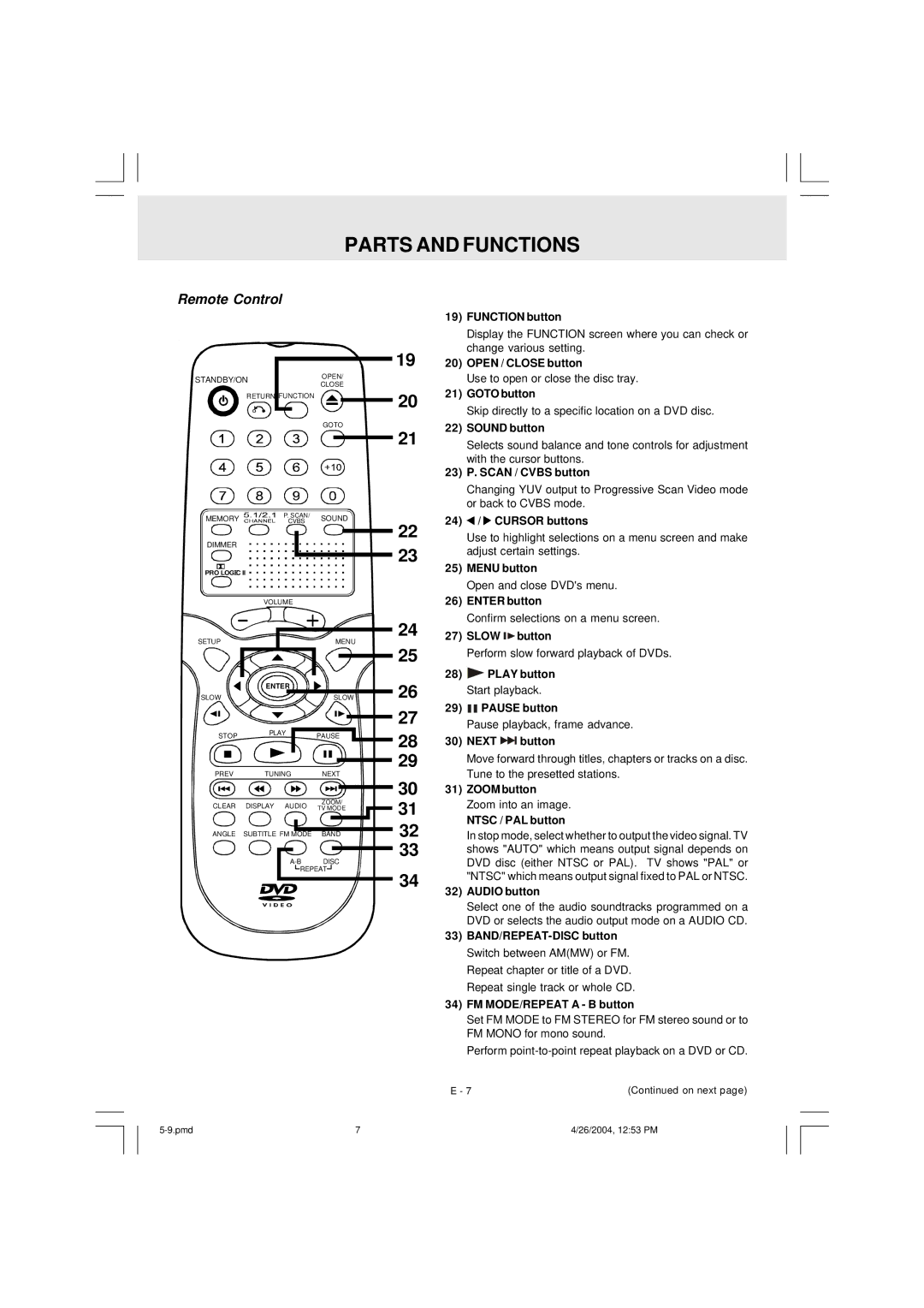 Audiovox DVD Home Theatre System CD-R/RW CD Playback Function button, Change various setting, Open / Close button, Button 