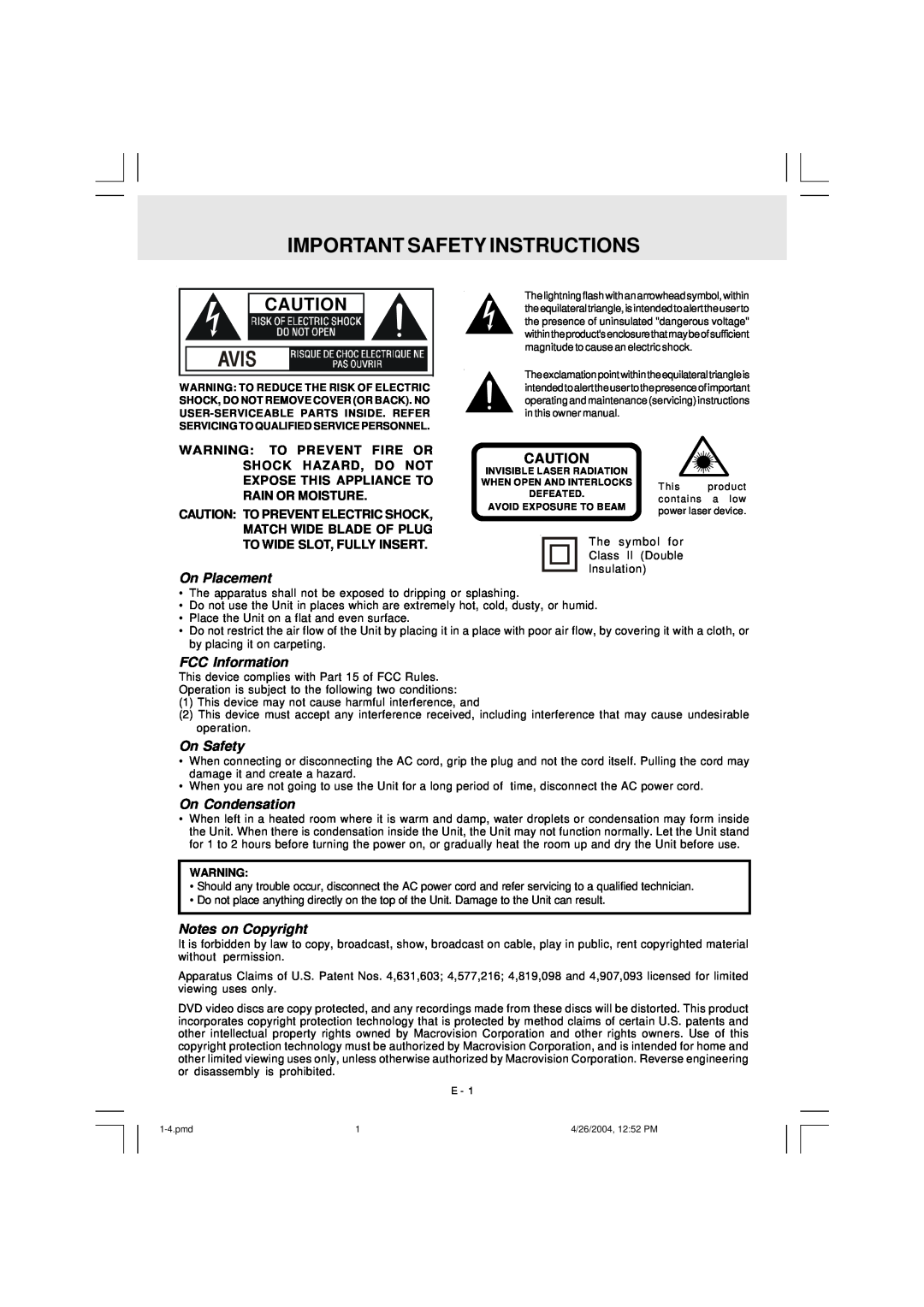 Audiovox DVD Home Theatre System CD-R/RW CD Playback Important Safety Instructions, On Placement, FCC Information 