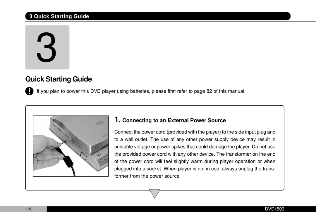 Audiovox DVD1500 owner manual Quick Starting Guide, Connecting to an External Power Source 