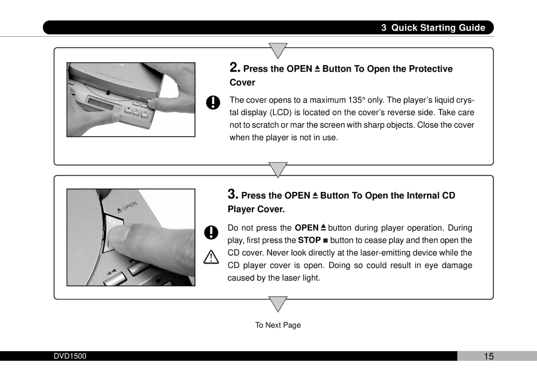 Audiovox DVD1500 owner manual Press the Open Button To Open the Protective Cover 