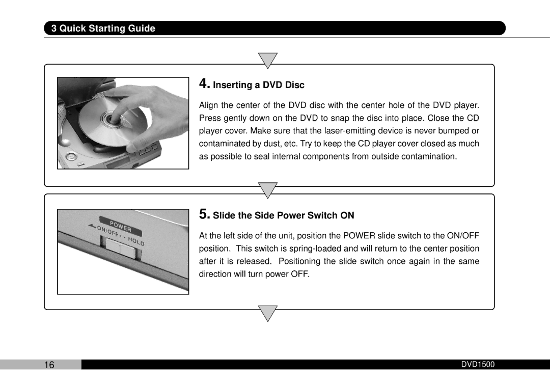 Audiovox DVD1500 owner manual Inserting a DVD Disc, Slide the Side Power Switch on 