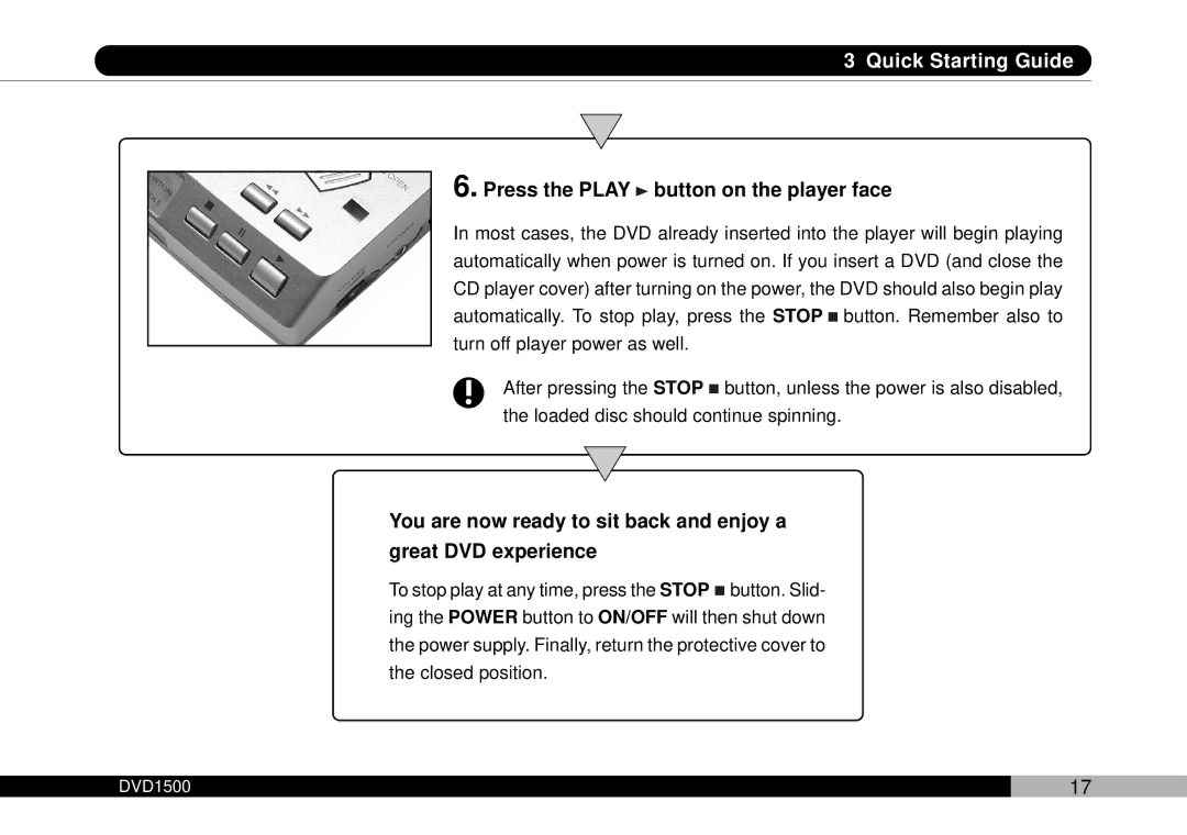 Audiovox DVD1500 owner manual Press the Play button on the player face 