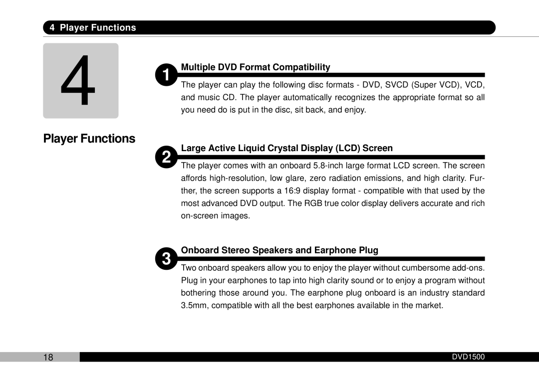 Audiovox DVD1500 Player Functions, Multiple DVD Format Compatibility, Large Active Liquid Crystal Display LCD Screen 