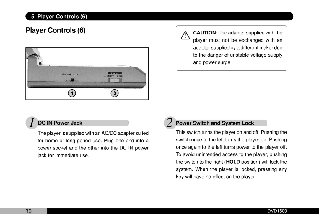 Audiovox DVD1500 owner manual DC in Power Jack, Power Switch and System Lock 