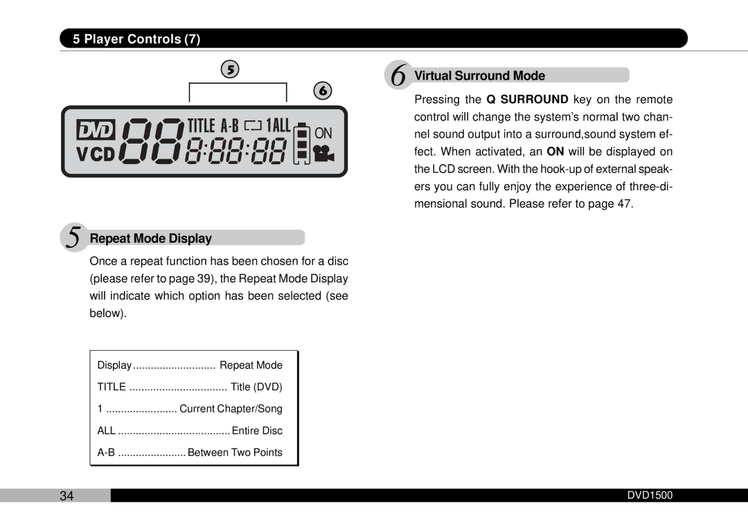 Audiovox DVD1500 owner manual Virtual Surround Mode, Repeat Mode Display 