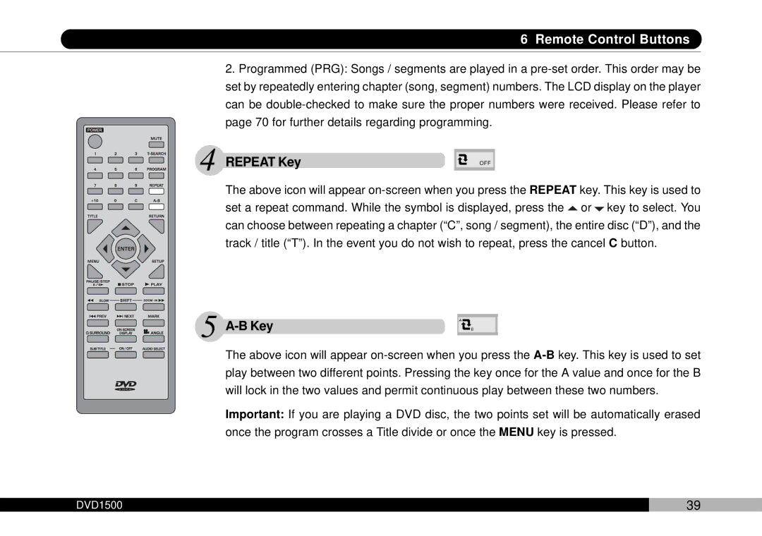 Audiovox DVD1500 owner manual Repeat Key, B Key 