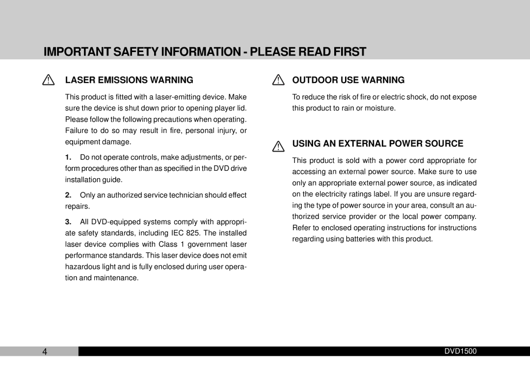 Audiovox DVD1500 owner manual Laser Emissions Warning 