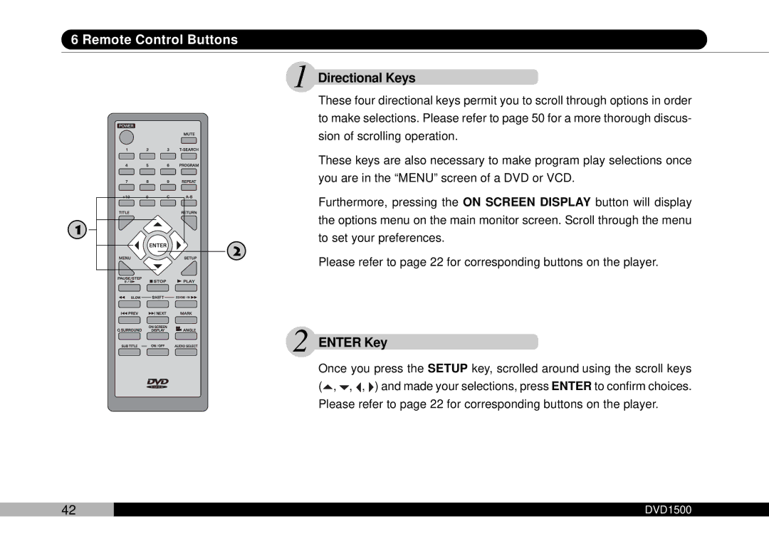 Audiovox DVD1500 owner manual Directional Keys, Enter Key 