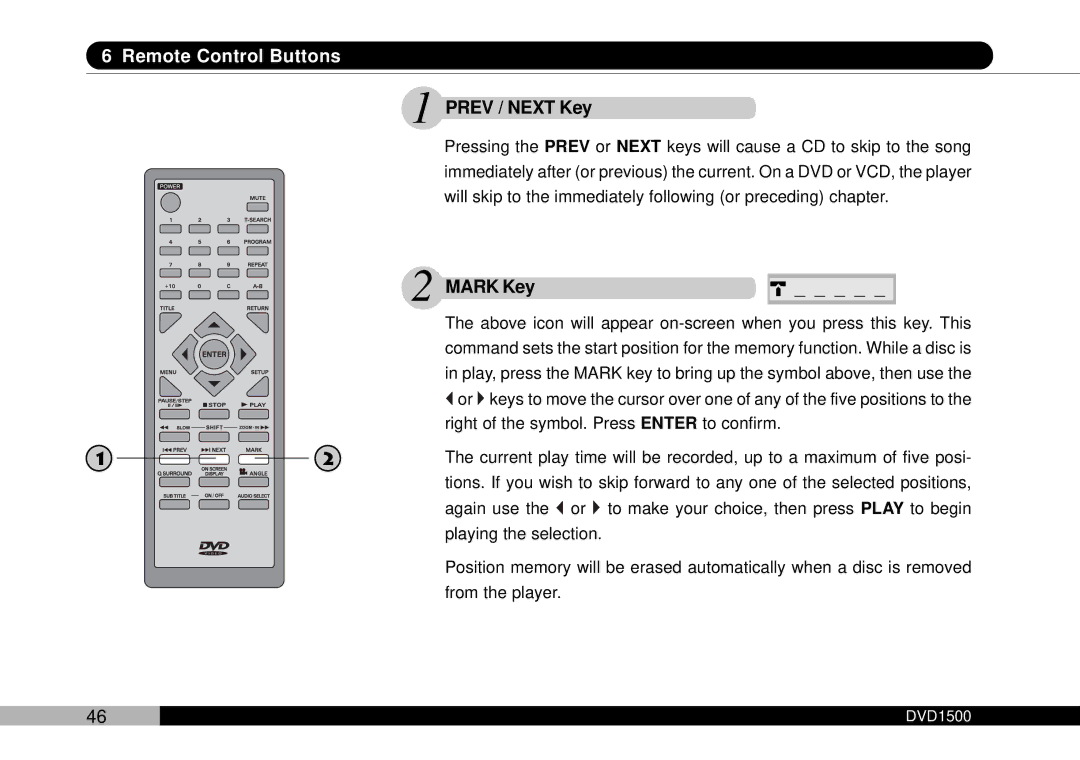 Audiovox DVD1500 owner manual Prev / Next Key, Mark Key 