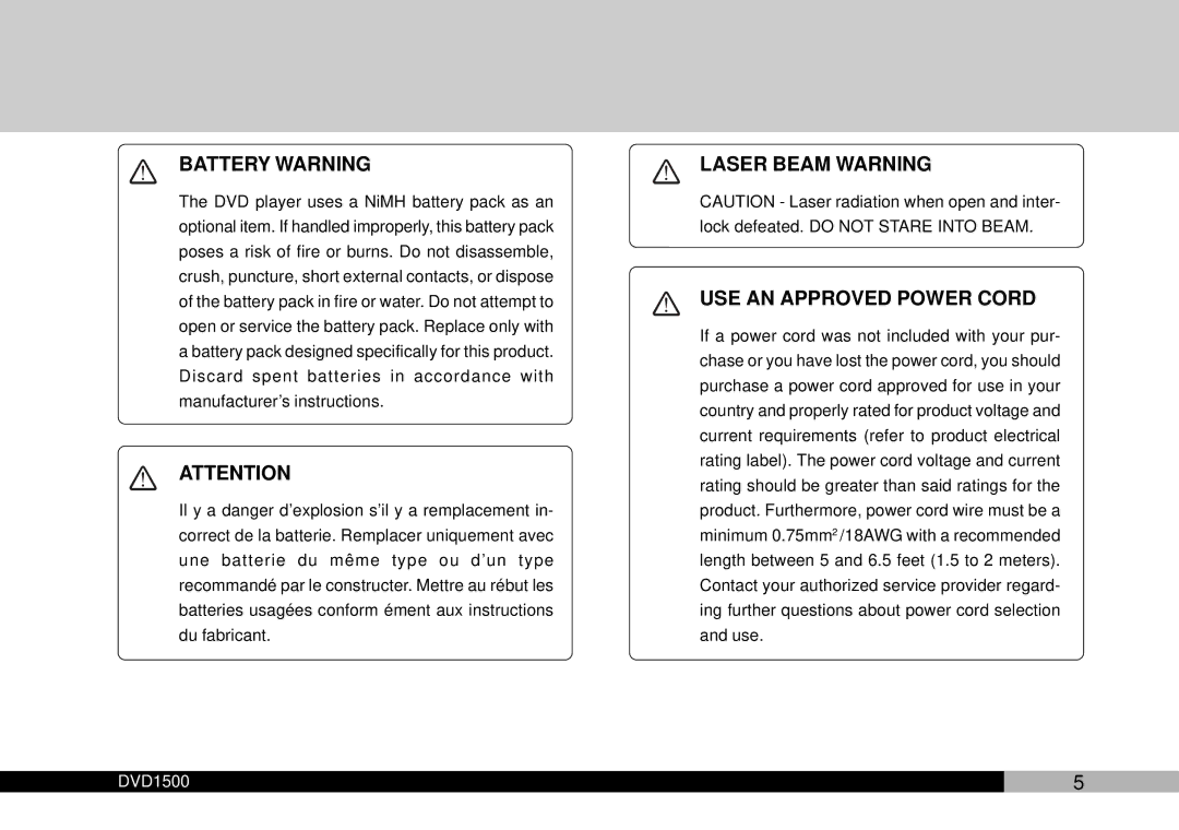 Audiovox DVD1500 owner manual Battery Warning 