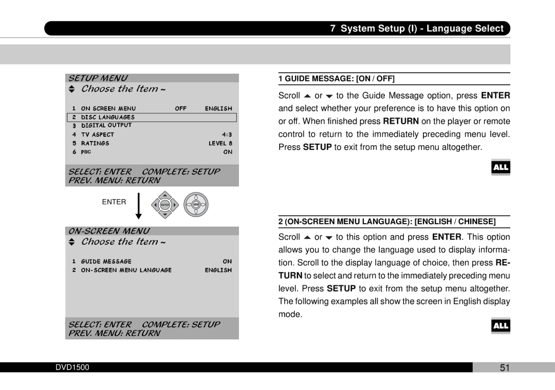 Audiovox DVD1500 owner manual System Setup I Language Select 