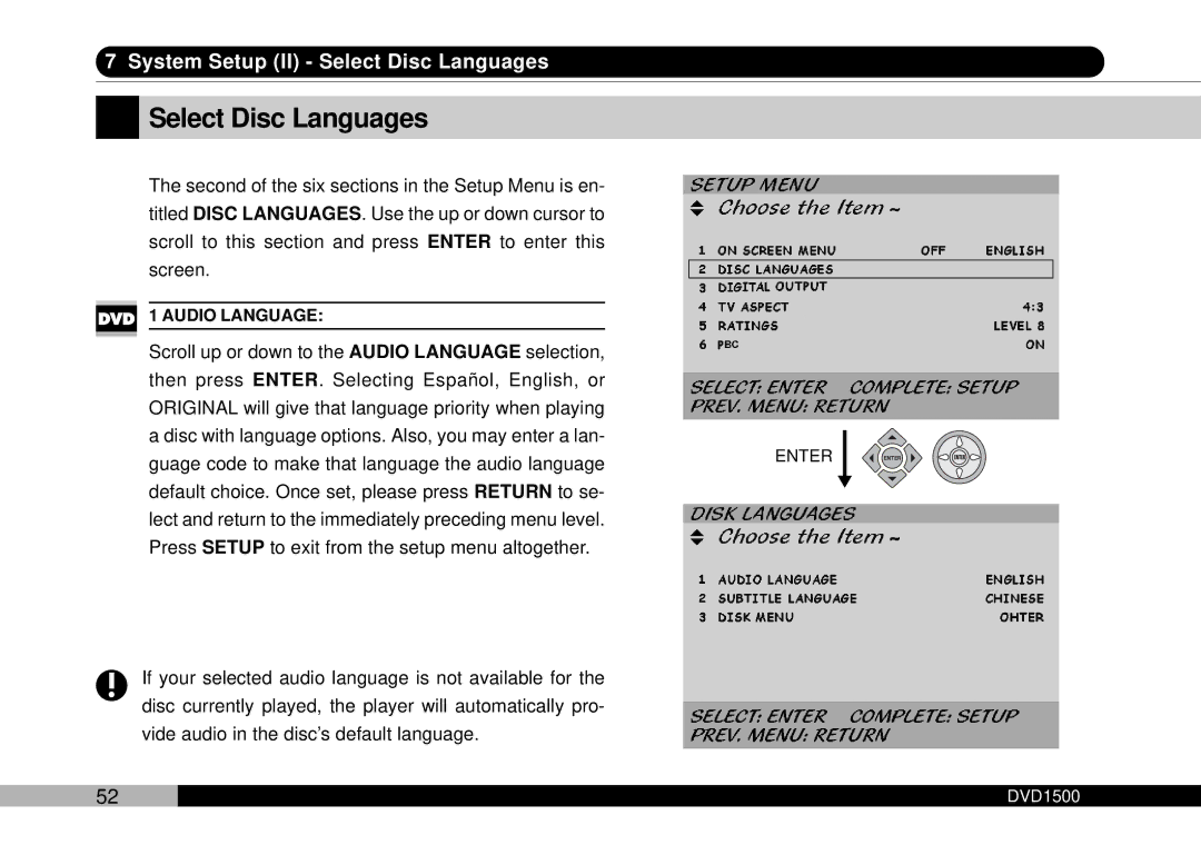 Audiovox DVD1500 owner manual Select Disc Languages 