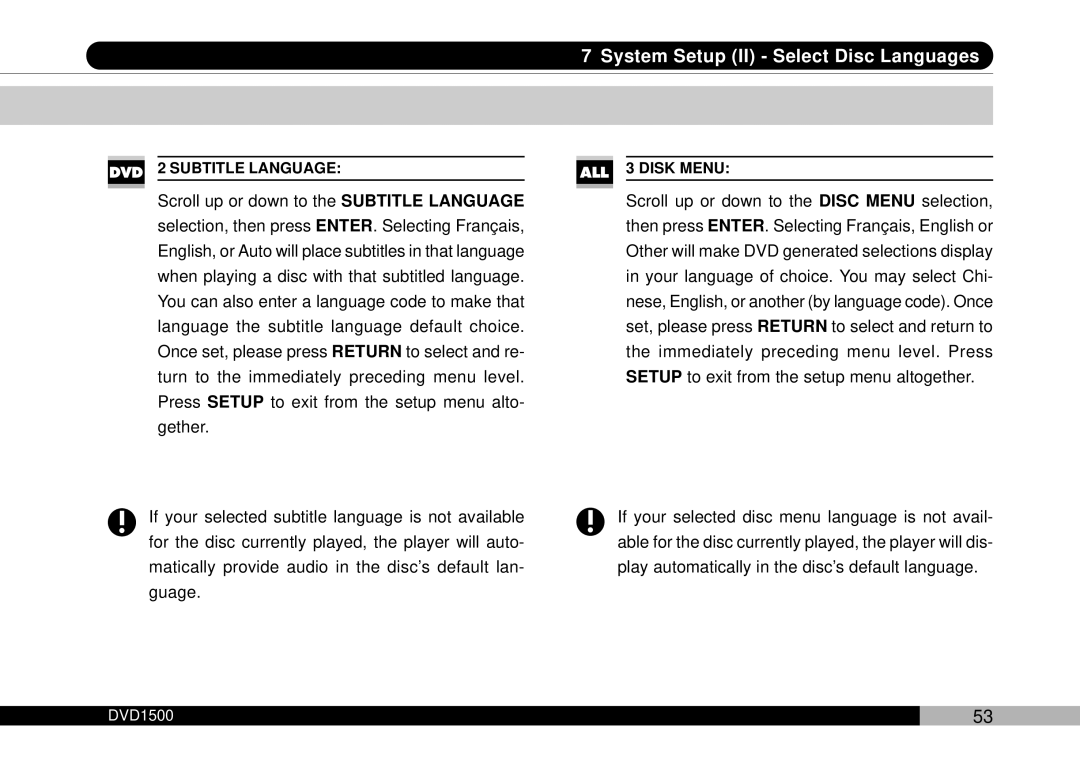 Audiovox DVD1500 owner manual DVD 2 Subtitle Language 