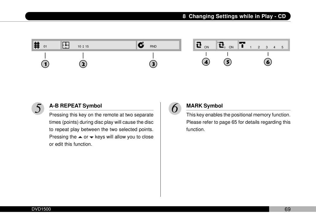 Audiovox DVD1500 owner manual Changing Settings while in Play CD, Mark Symbol 