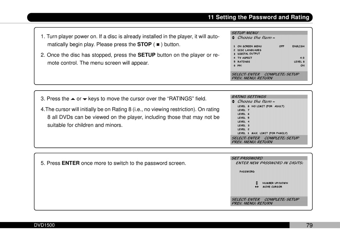 Audiovox DVD1500 owner manual Setting the Password and Rating 