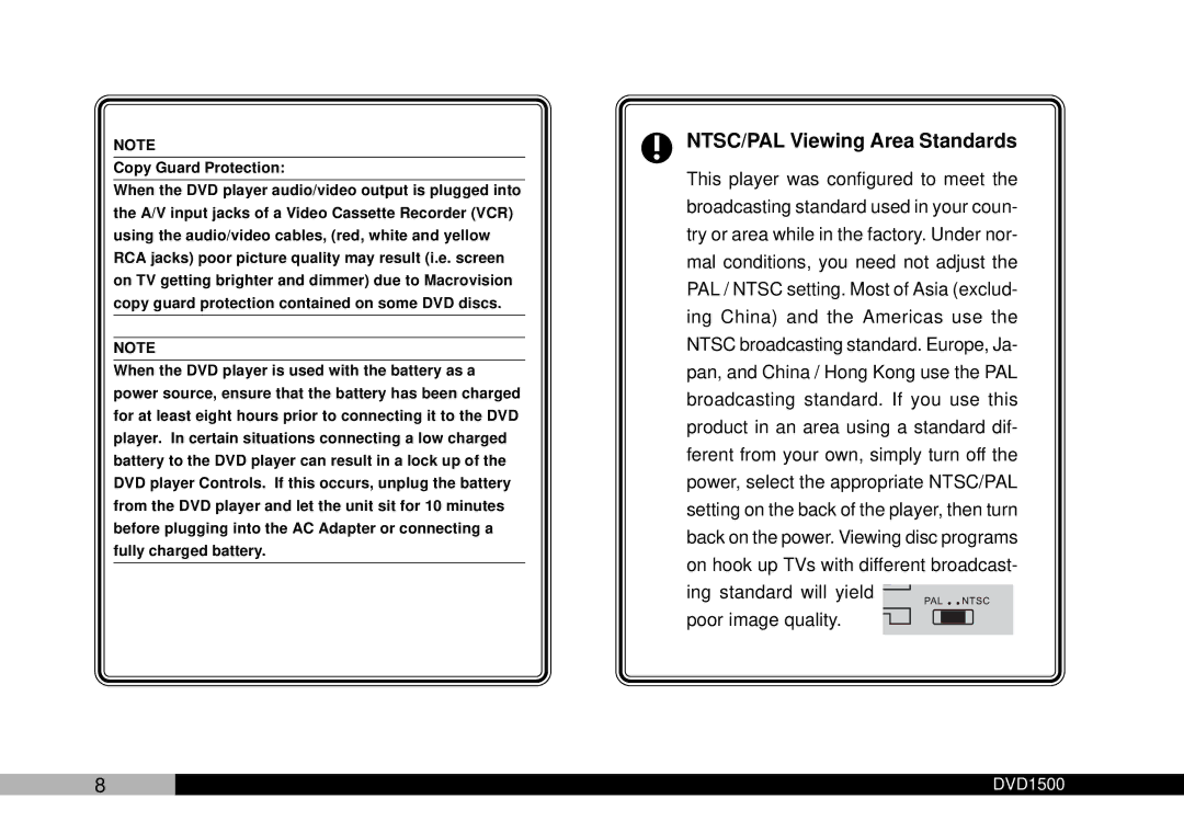 Audiovox DVD1500 owner manual NTSC/PAL Viewing Area Standards 