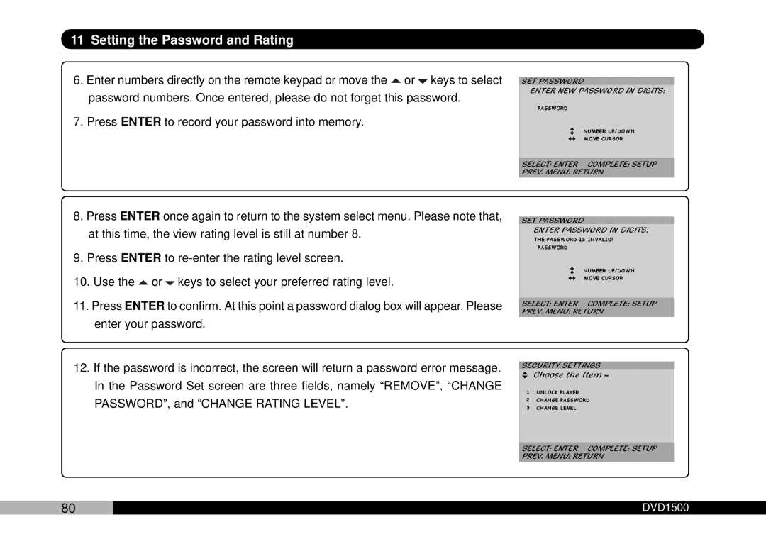 Audiovox DVD1500 owner manual Setting the Password and Rating 