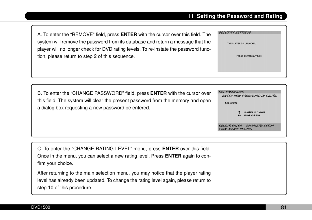 Audiovox DVD1500 owner manual Setting the Password and Rating 