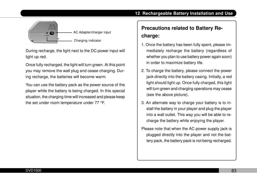 Audiovox DVD1500 owner manual Precautions related to Battery Re Charge 