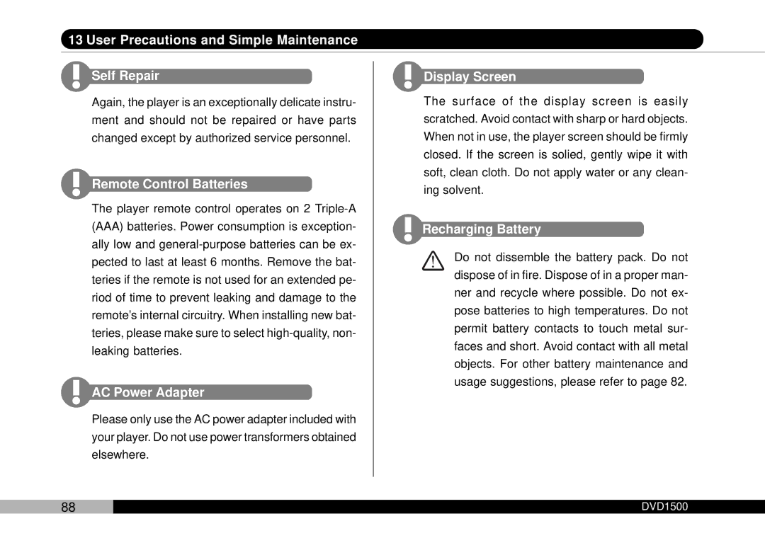 Audiovox DVD1500 owner manual User Precautions and Simple Maintenance Self Repair 