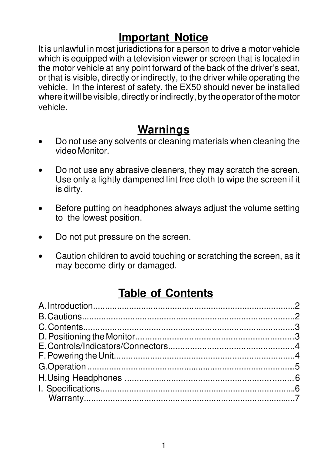 Audiovox EX50 owner manual Important Notice 