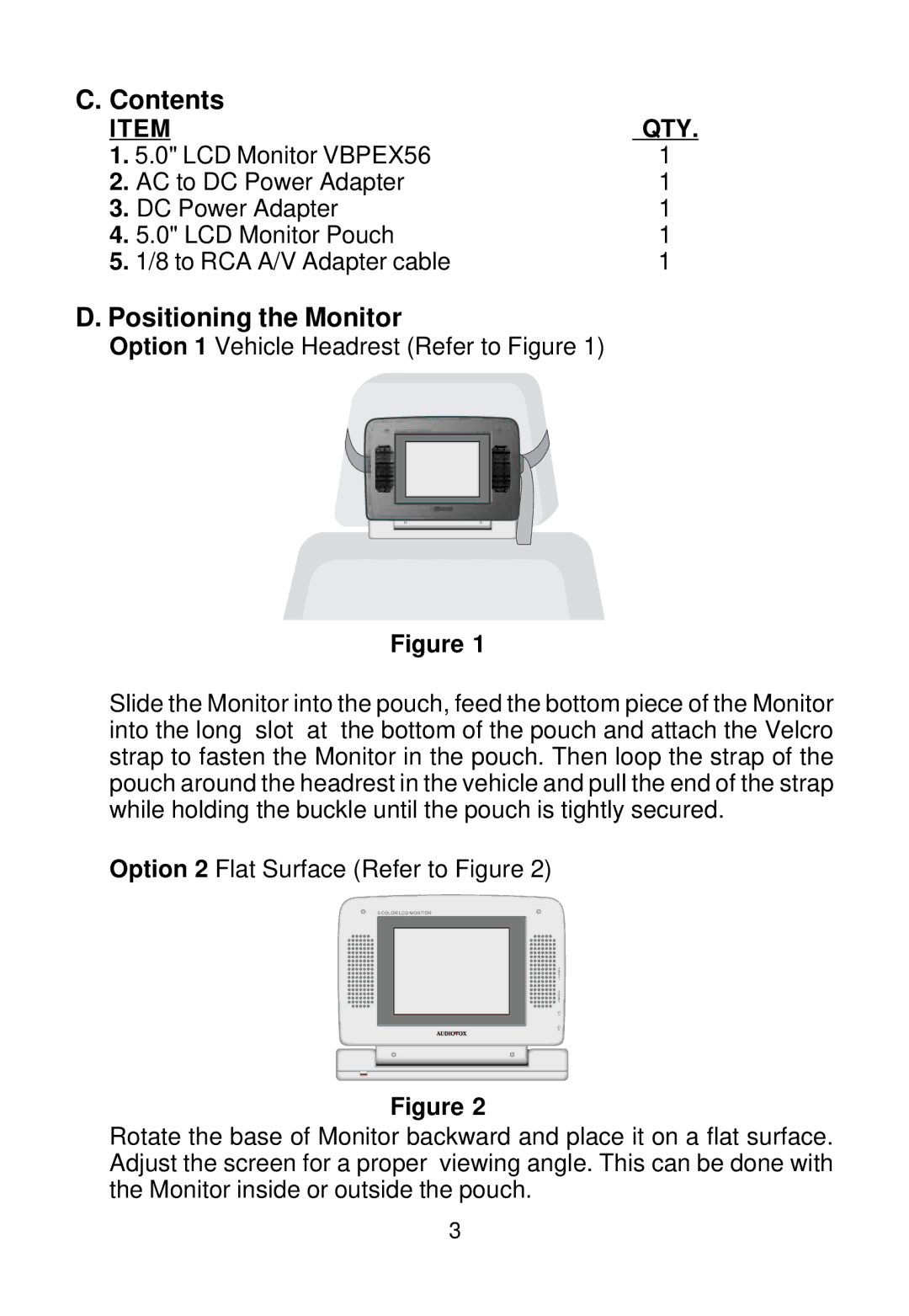 Audiovox EX50 owner manual Contents, Positioning the Monitor 