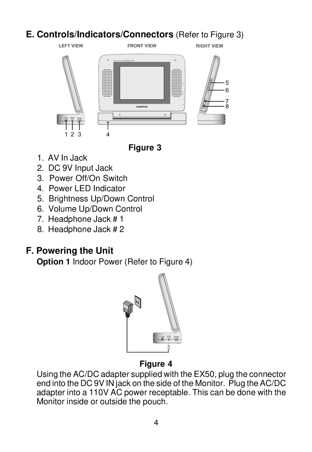 Audiovox EX50 owner manual Controls/Indicators/Connectors Refer to Figure, Powering the Unit 