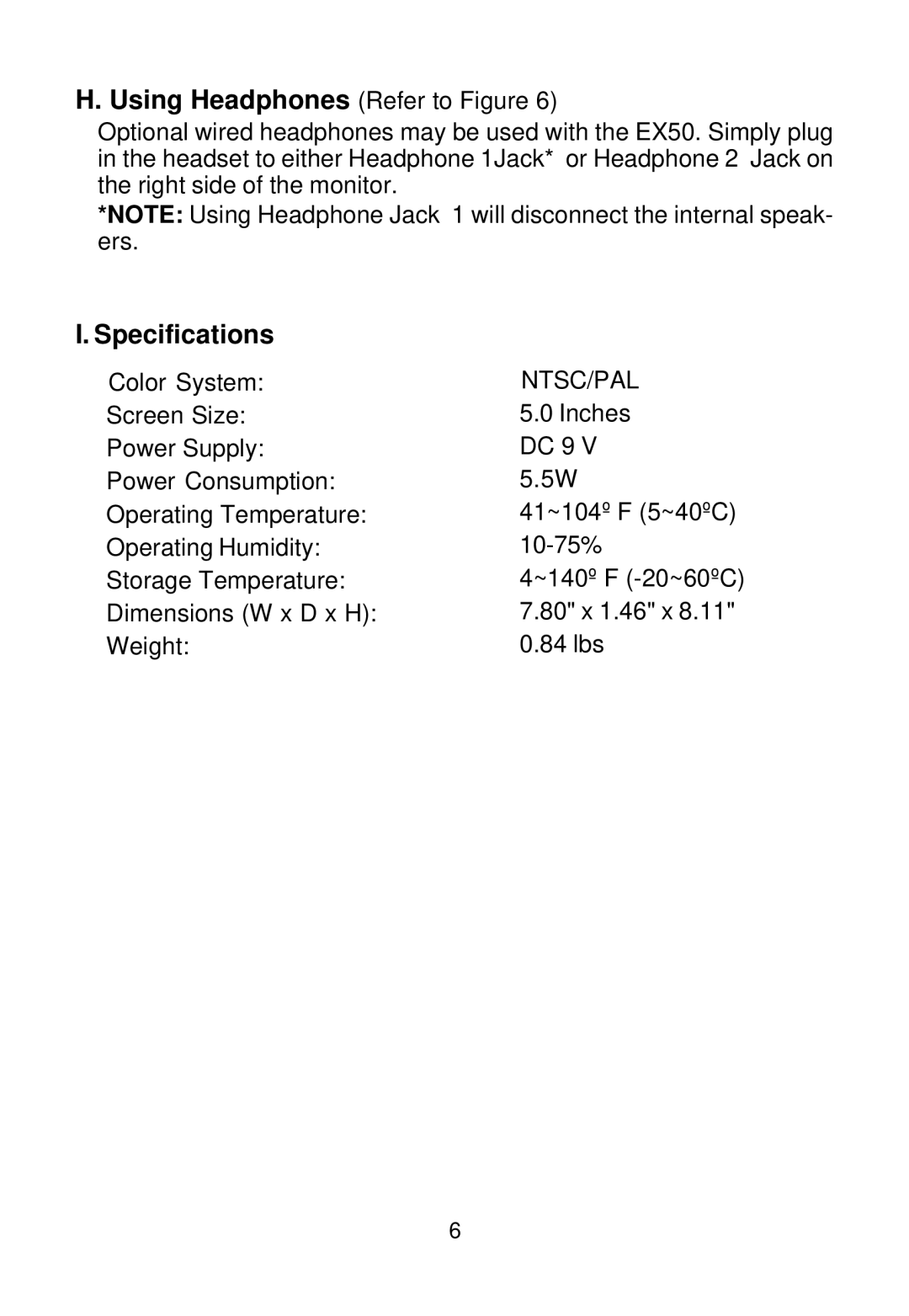 Audiovox EX50 owner manual Using Headphones Refer to Figure, Specifications 