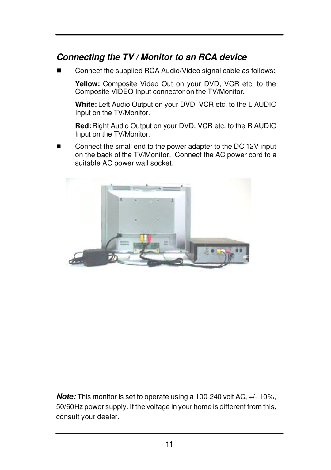 Audiovox FP1210 user manual Connecting the TV / Monitor to an RCA device 