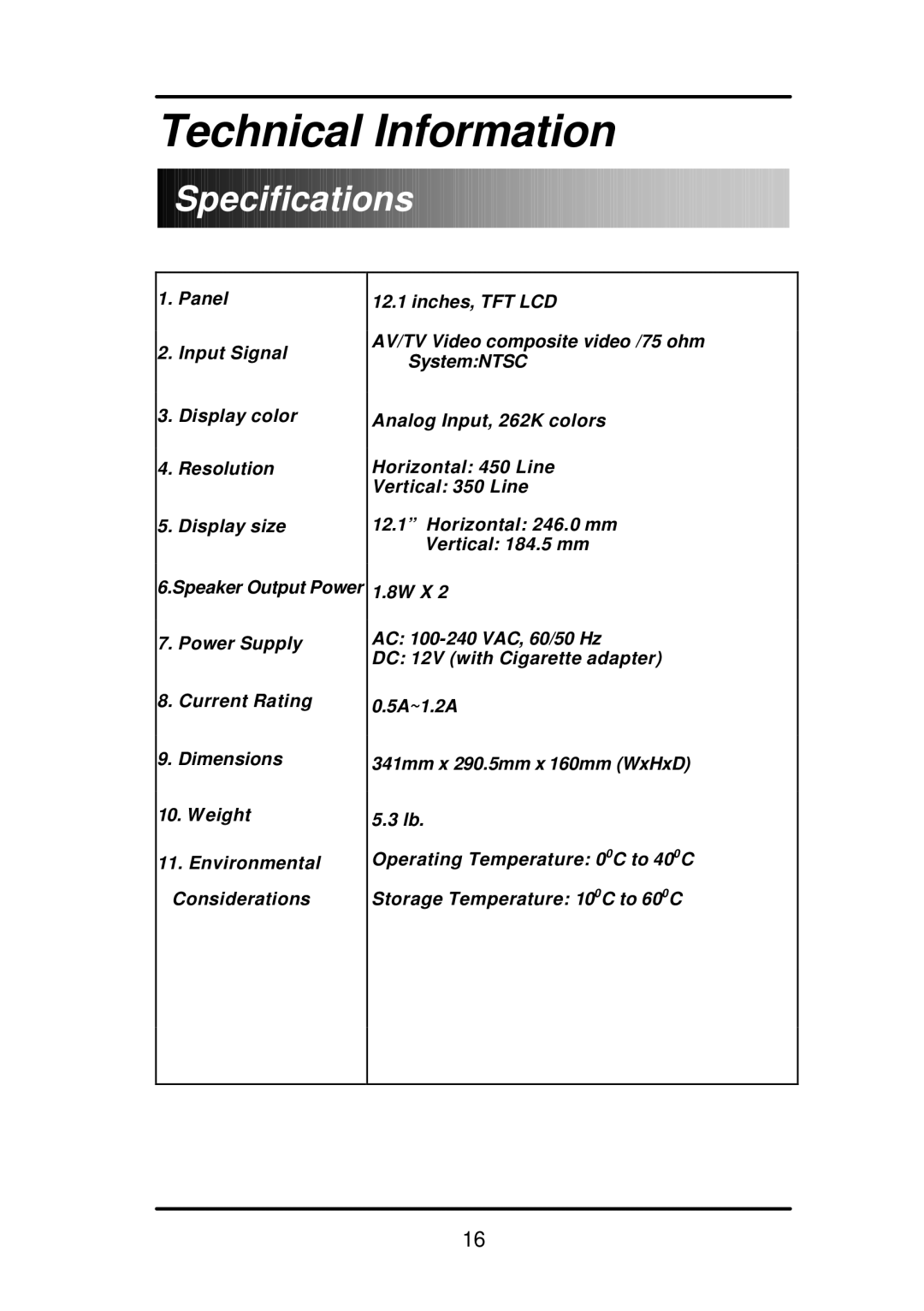 Audiovox FP1210 user manual Technical Information, Specifications 