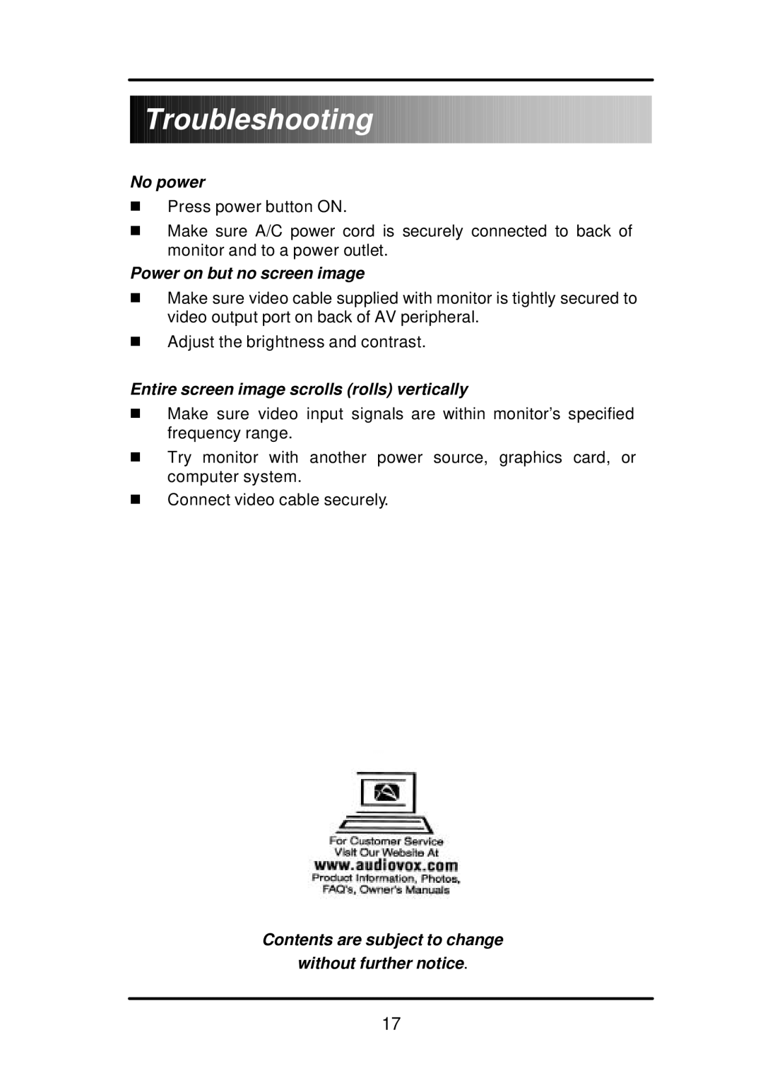 Audiovox FP1210 user manual Troubleshooting, No power 