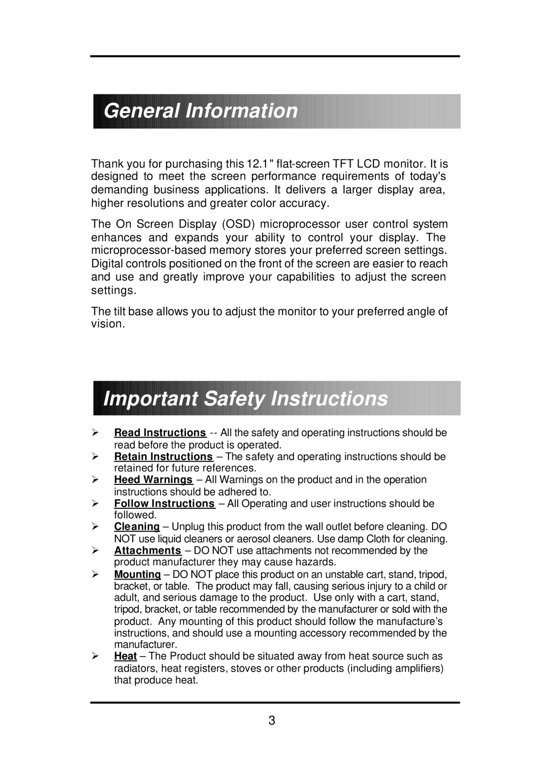 Audiovox FP1210 user manual General Information, Important Safety Instructions 