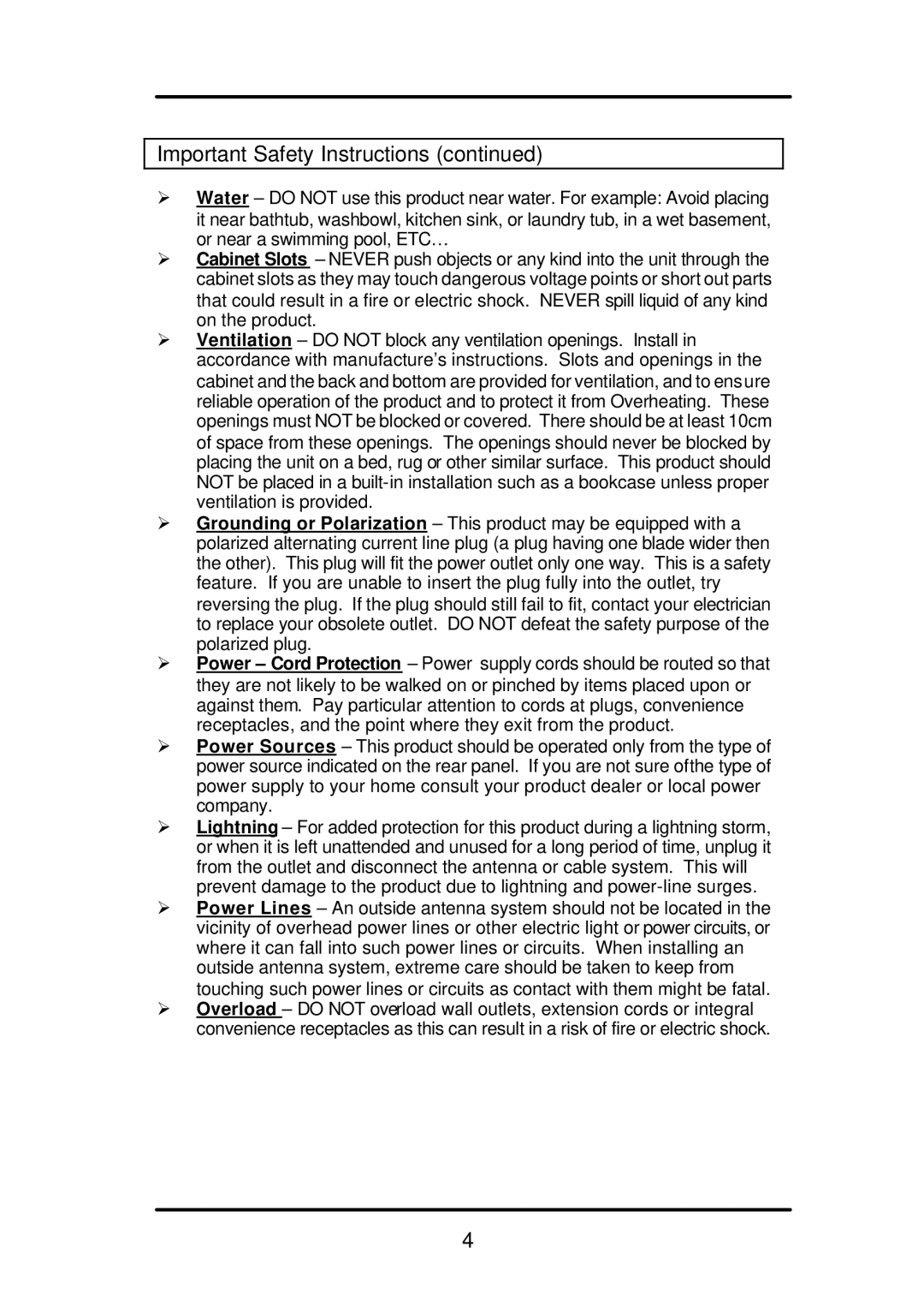 Audiovox FP1210 user manual Important Safety Instructions 