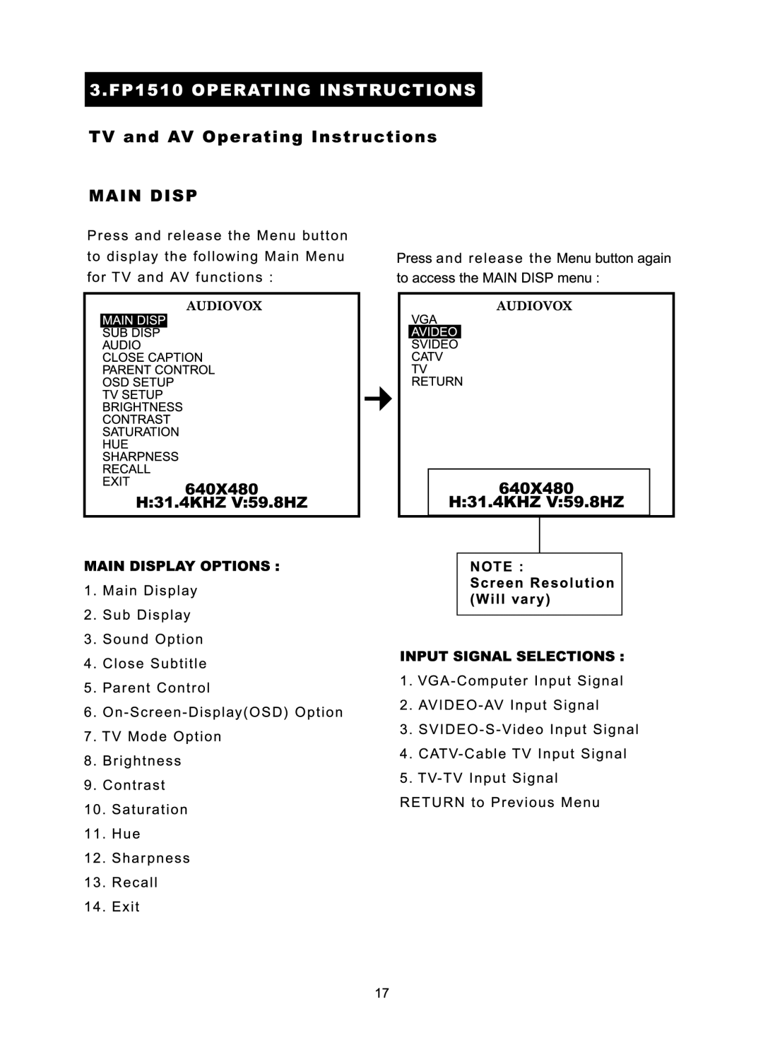 Audiovox FP1510 manual 