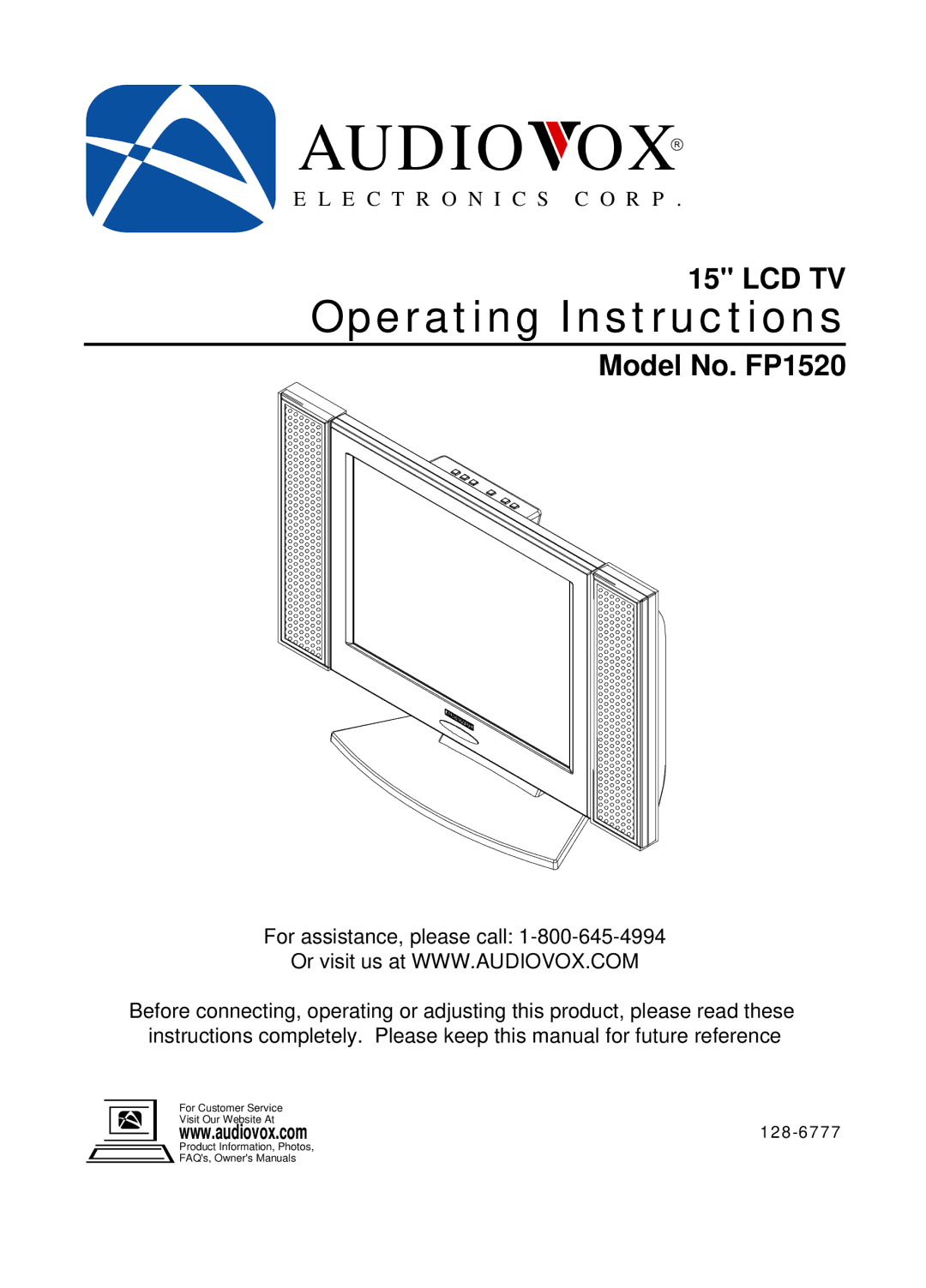 Audiovox FP1520 operating instructions Audio OX, 128-6777 