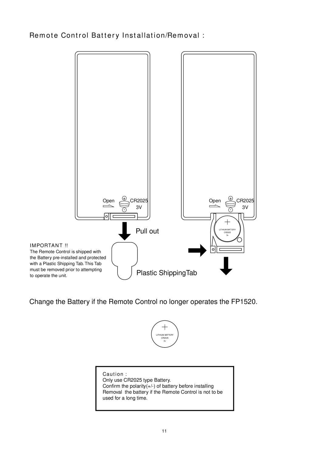 Audiovox FP1520 operating instructions Remote Control Battery Installation/Removal, Pull out 