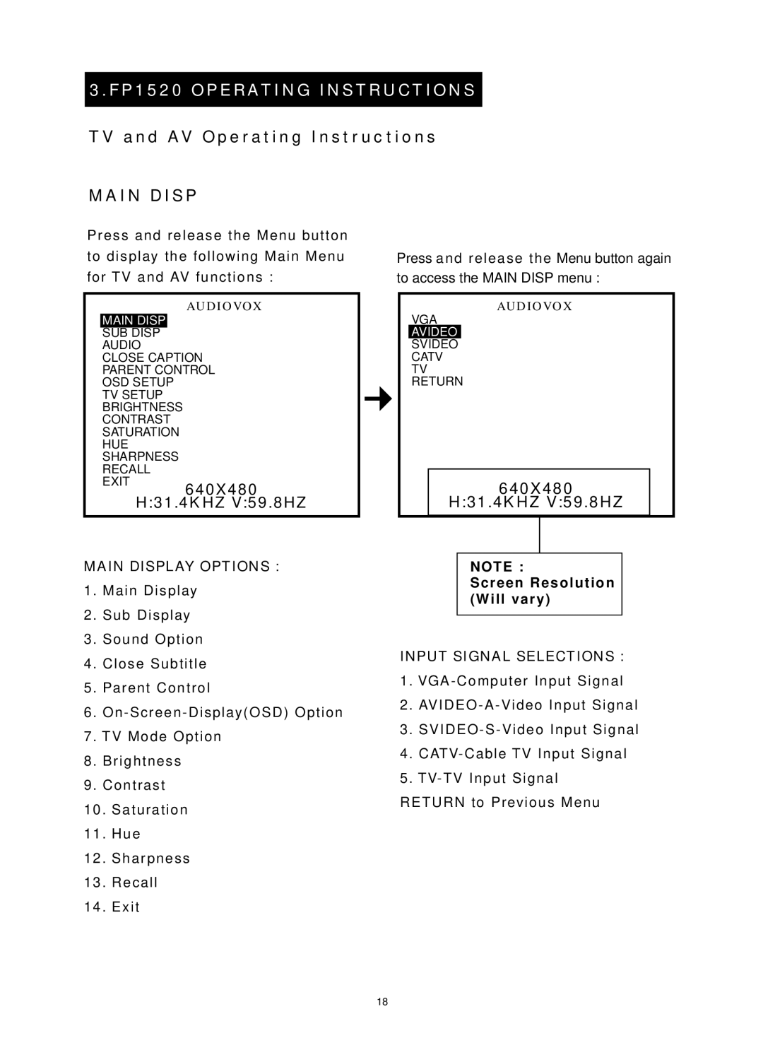 Audiovox FP1520 operating instructions TV and AV Operating Instructions, Main Display Options, Screen Resolution Will vary 