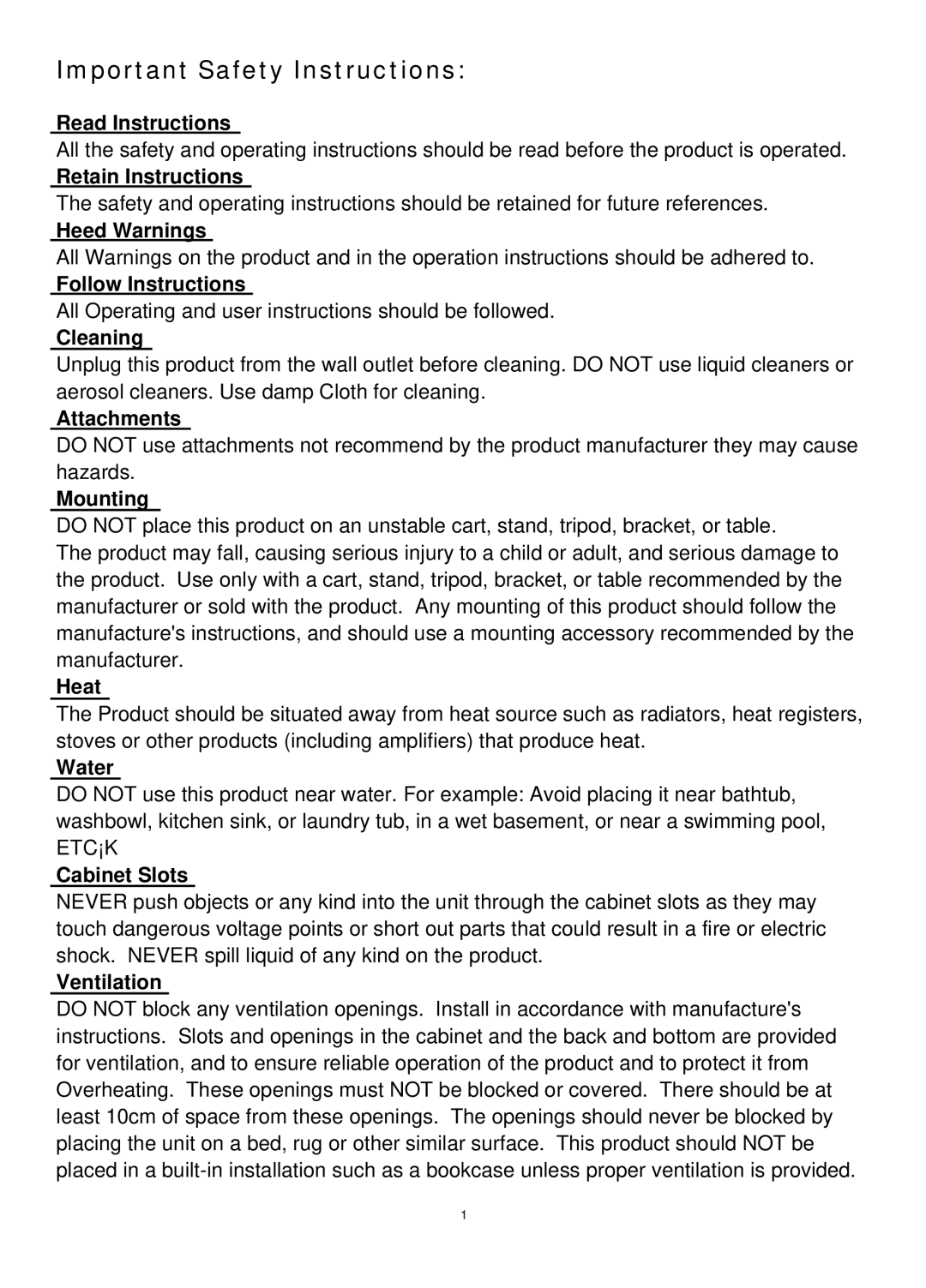 Audiovox FP1520 Read Instructions, Retain Instructions, Heed Warnings, Follow Instructions, Cleaning, Attachments, Heat 