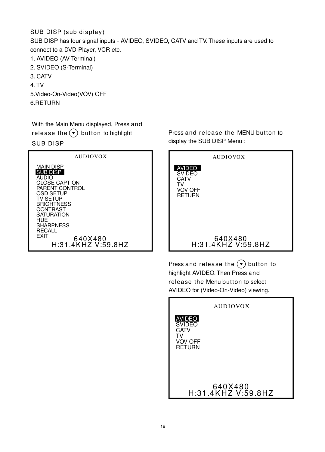 Audiovox FP1520 operating instructions Exit H31.4KHZ V59.8HZ, 640X480 H31.4KHZ V59.8HZ, SUB Disp sub display 