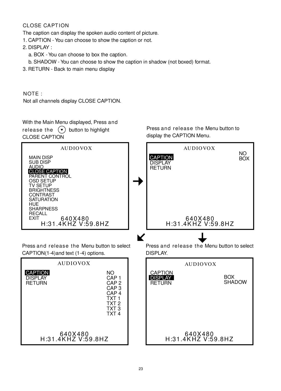 Audiovox FP1520 operating instructions Close Caption, Display 