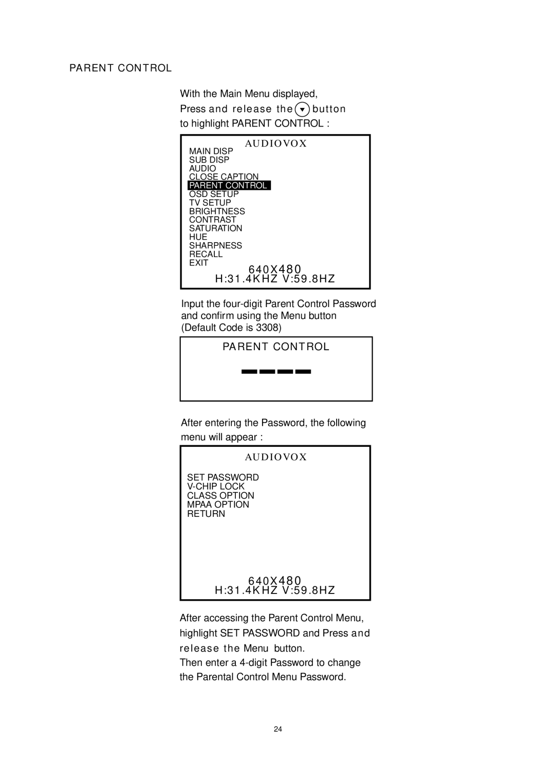 Audiovox FP1520 operating instructions Parent Control 