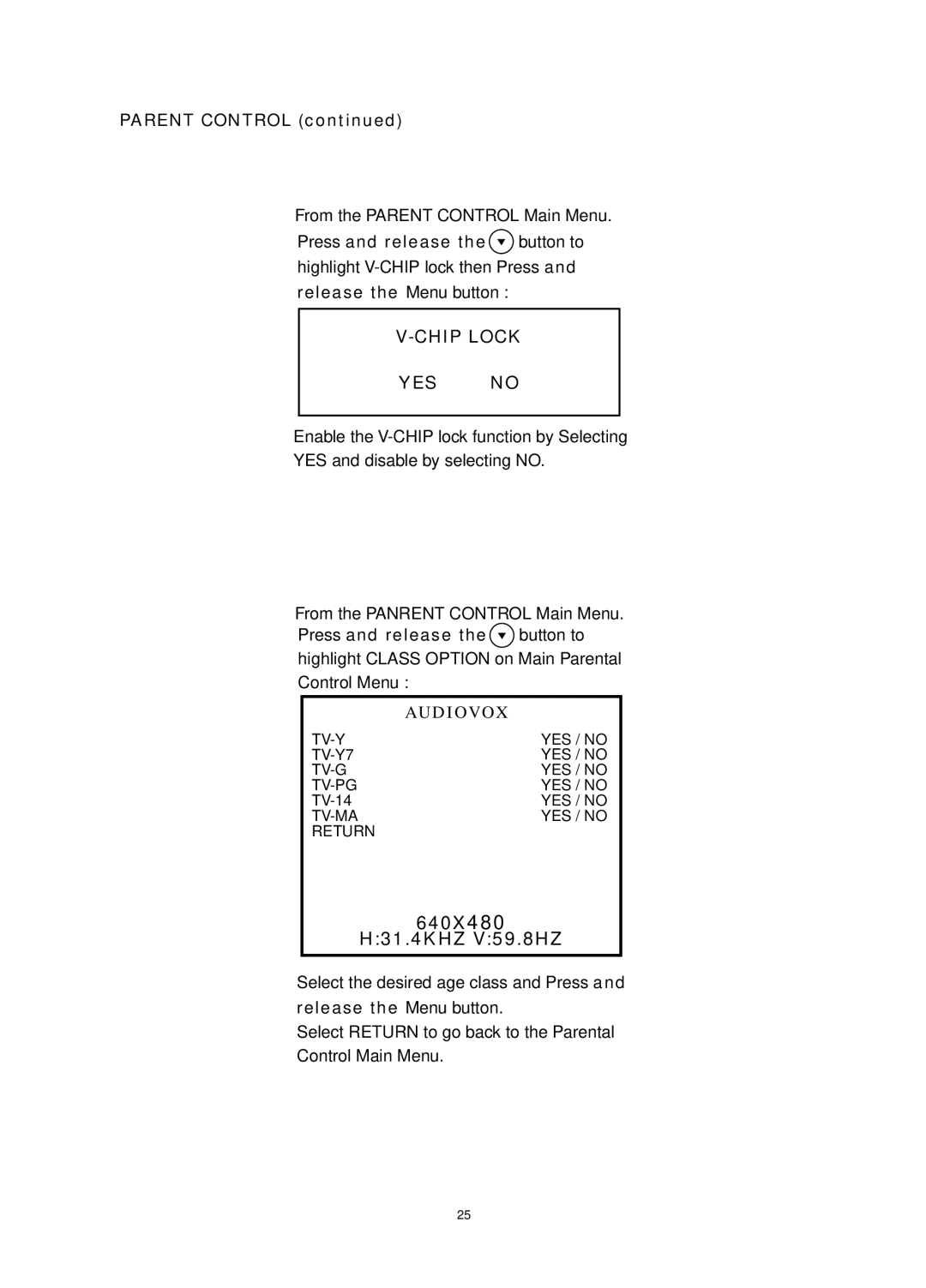 Audiovox FP1520 operating instructions Parent Control, Chip Lock YES no 