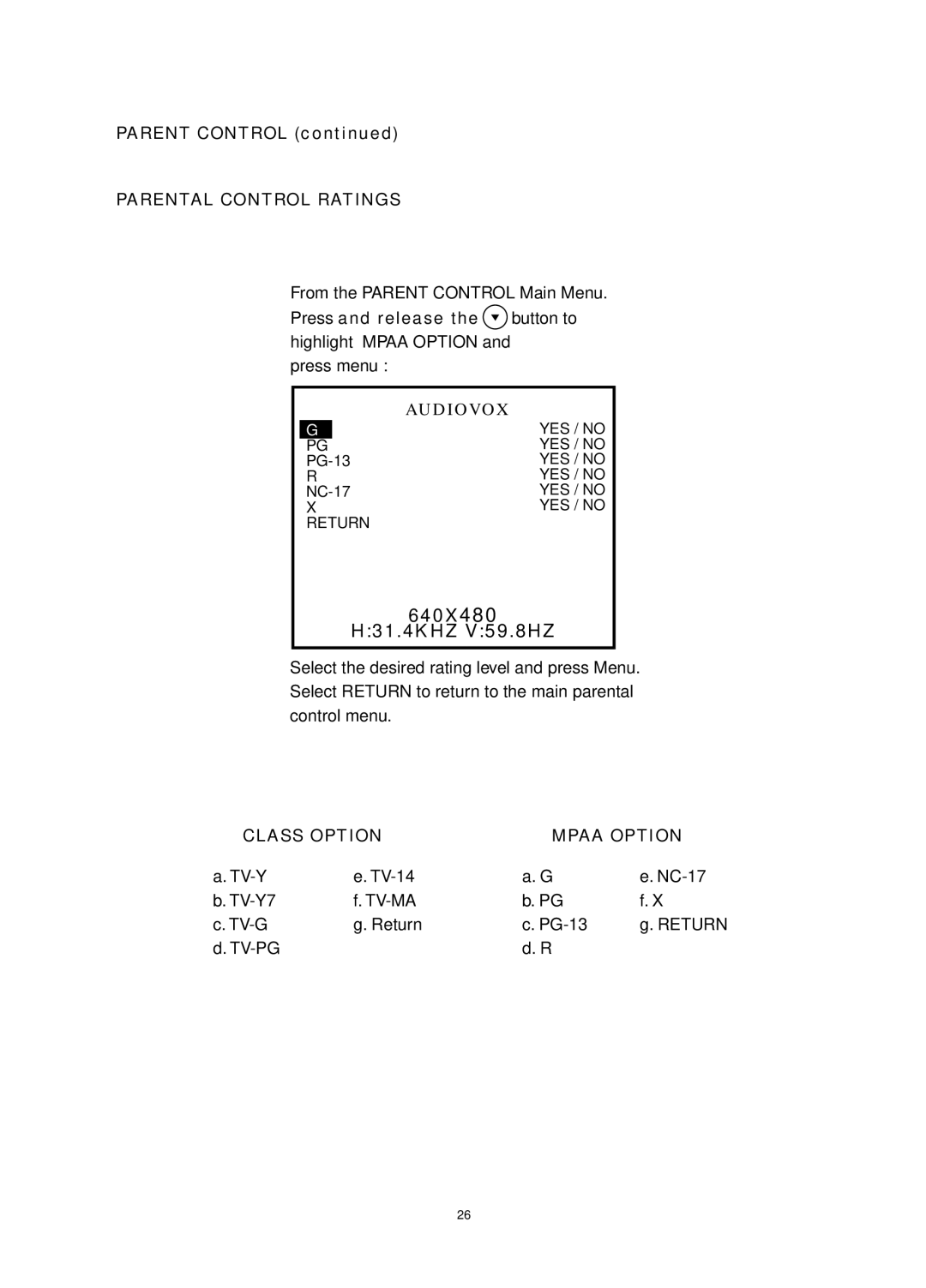 Audiovox FP1520 operating instructions Parental Control Ratings, Class Option Mpaa Option 