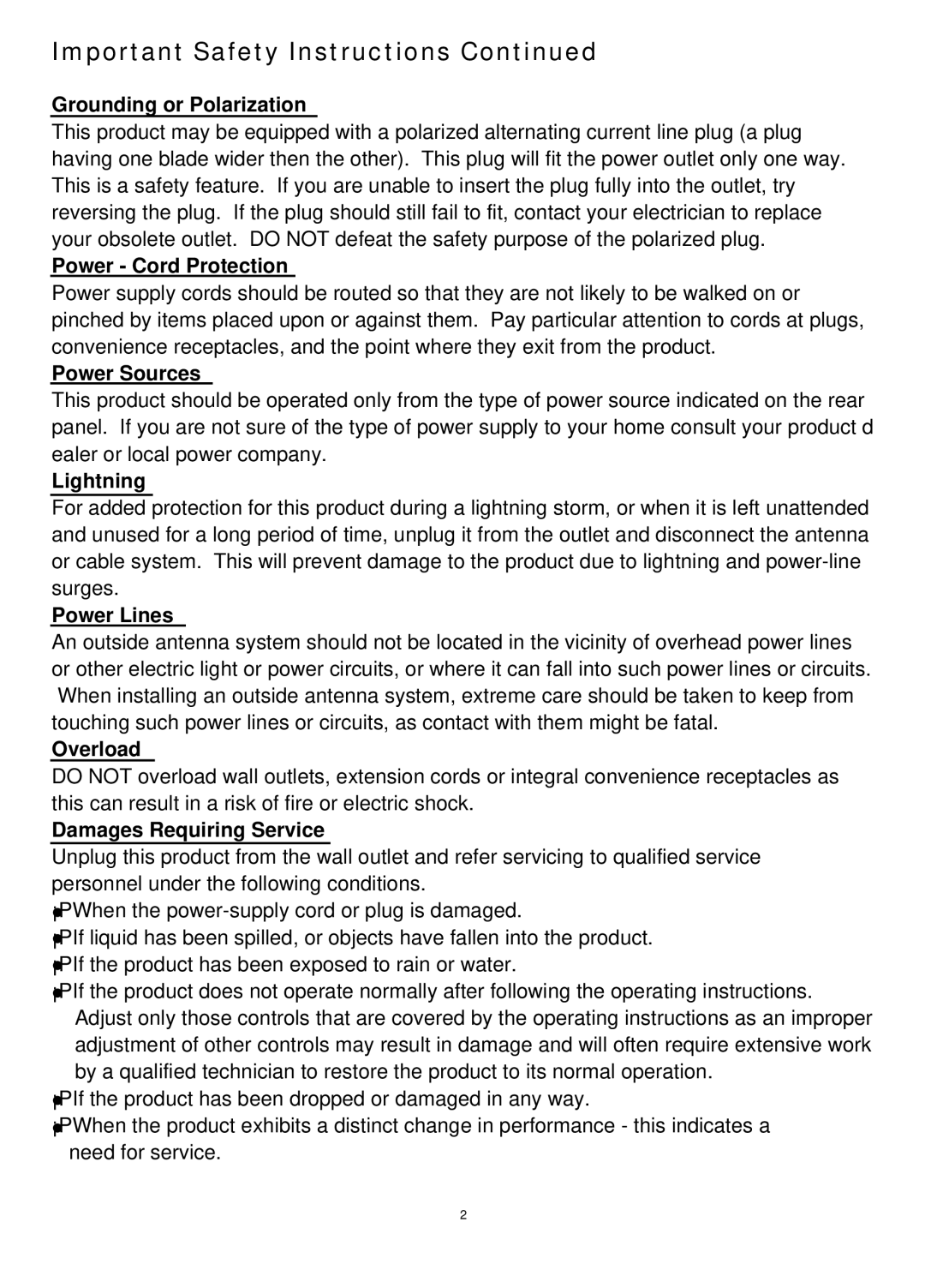 Audiovox FP1520 Grounding or Polarization, Power Cord Protection, Power Sources, Lightning, Power Lines, Overload 